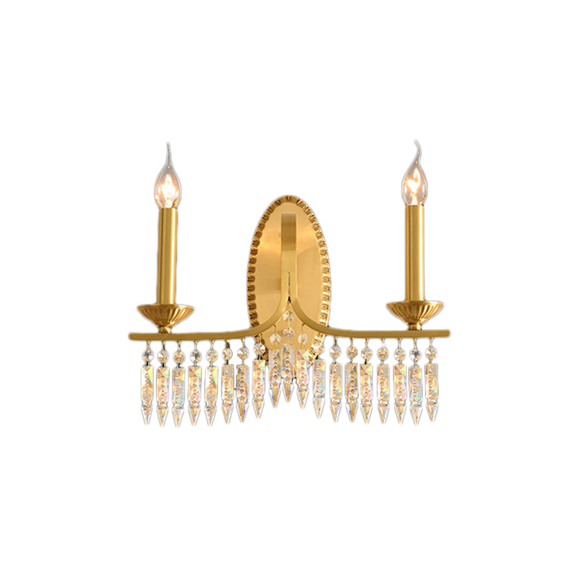 Brass Candle Sconce Light Fixture Retro 2 Lights Crystal Wall Mounted Lighting with Metal Arm Clearhalo 'Cast Iron' 'Glass' 'Industrial' 'Modern wall lights' 'Modern' 'Tiffany' 'Traditional wall lights' 'Wall Lamps & Sconces' 'Wall Lights' Lighting' 226433