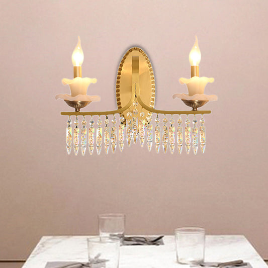 Brass Candle Sconce Light Fixture Retro 2 Lights Crystal Wall Mounted Lighting with Metal Arm Brass B Clearhalo 'Cast Iron' 'Glass' 'Industrial' 'Modern wall lights' 'Modern' 'Tiffany' 'Traditional wall lights' 'Wall Lamps & Sconces' 'Wall Lights' Lighting' 226435