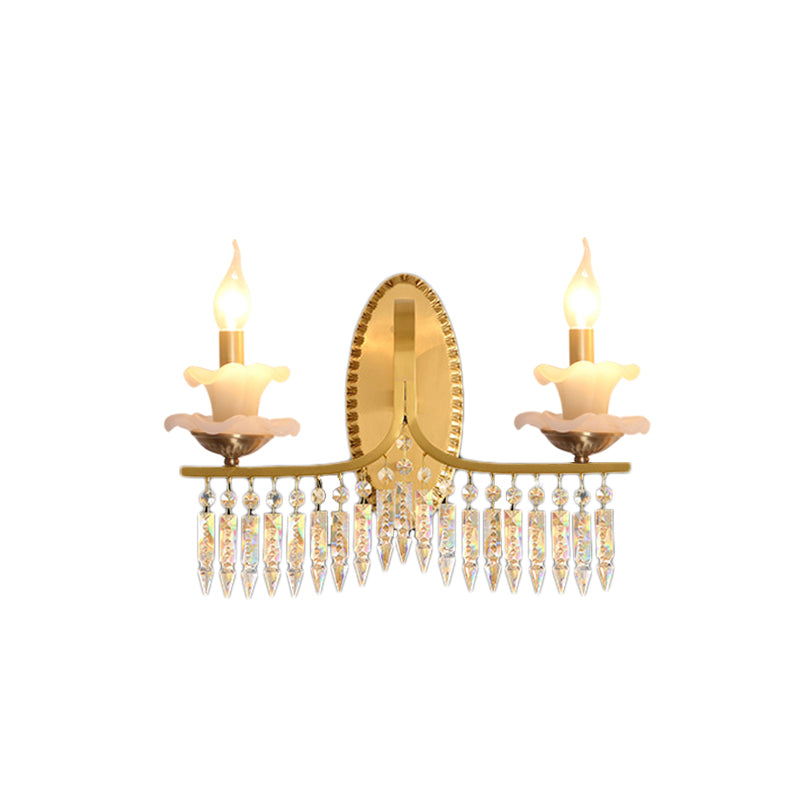 Brass Candle Sconce Light Fixture Retro 2 Lights Crystal Wall Mounted Lighting with Metal Arm Clearhalo 'Cast Iron' 'Glass' 'Industrial' 'Modern wall lights' 'Modern' 'Tiffany' 'Traditional wall lights' 'Wall Lamps & Sconces' 'Wall Lights' Lighting' 226437