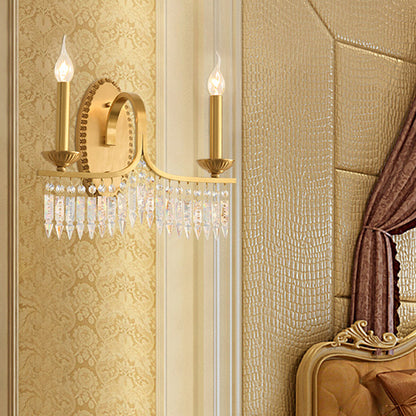 Brass Candle Sconce Light Fixture Retro 2 Lights Crystal Wall Mounted Lighting with Metal Arm Brass A Clearhalo 'Cast Iron' 'Glass' 'Industrial' 'Modern wall lights' 'Modern' 'Tiffany' 'Traditional wall lights' 'Wall Lamps & Sconces' 'Wall Lights' Lighting' 226439