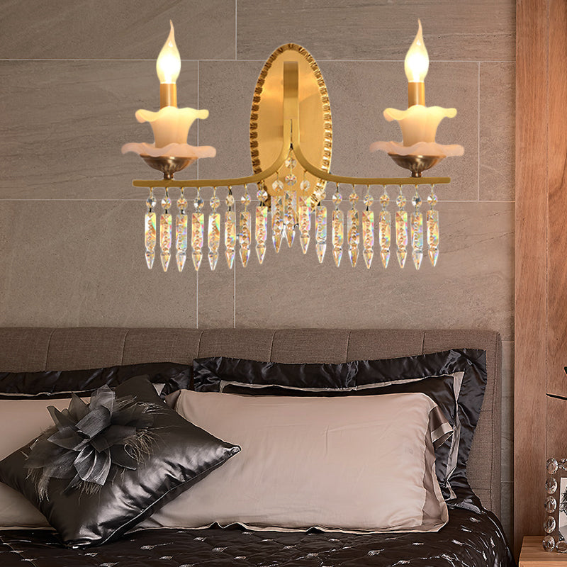 Brass Candle Sconce Light Fixture Retro 2 Lights Crystal Wall Mounted Lighting with Metal Arm Clearhalo 'Cast Iron' 'Glass' 'Industrial' 'Modern wall lights' 'Modern' 'Tiffany' 'Traditional wall lights' 'Wall Lamps & Sconces' 'Wall Lights' Lighting' 226440