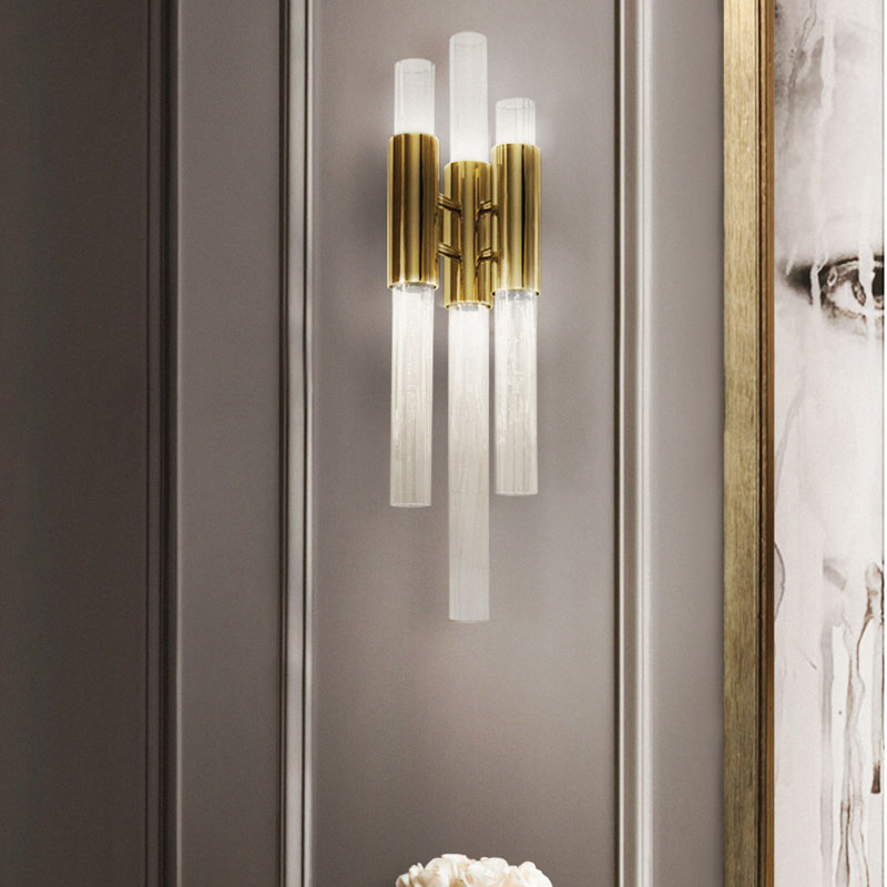 Minimalism 3 Lights Wall Mounted Lighting Brass Pipe Sconce Light Fixture with Crystal Shade - Clearhalo - 'Modern wall lights' - 'Modern' - 'Wall Lamps & Sconces' - 'Wall Lights' - Lighting' - 226441