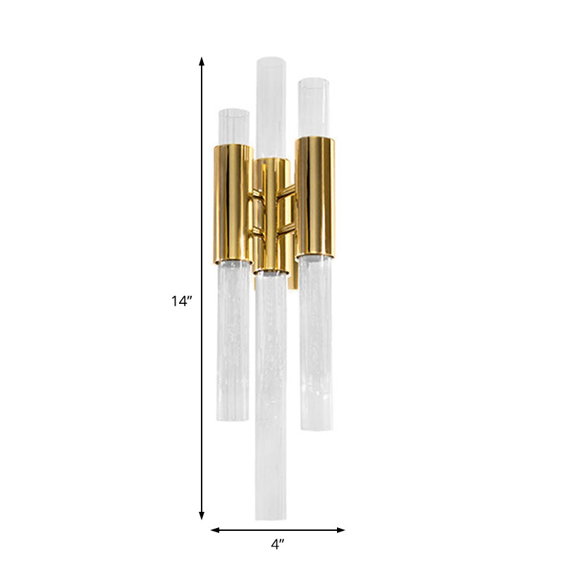 Minimalism 3 Lights Wall Mounted Lighting Brass Pipe Sconce Light Fixture with Crystal Shade - Clearhalo - 'Modern wall lights' - 'Modern' - 'Wall Lamps & Sconces' - 'Wall Lights' - Lighting' - 226444