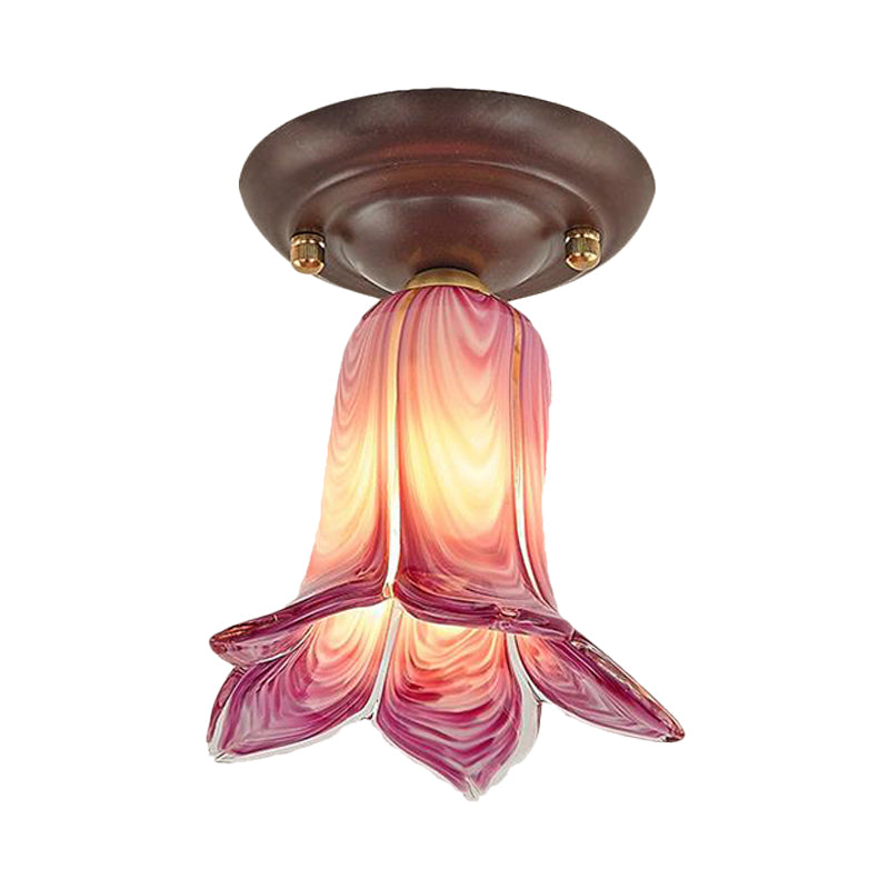 Flower Shaped White/Yellow/Purple Glass Flush Fixture Traditional 1 Light Living Room Ceiling Light Fixture Clearhalo 'Ceiling Lights' 'Close To Ceiling Lights' 'Close to ceiling' 'Flush mount' Lighting' 226488