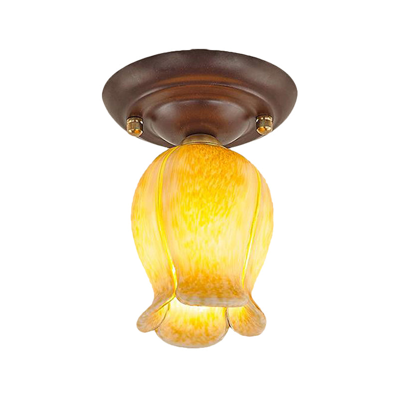 Flower Shaped White/Yellow/Purple Glass Flush Fixture Traditional 1 Light Living Room Ceiling Light Fixture Clearhalo 'Ceiling Lights' 'Close To Ceiling Lights' 'Close to ceiling' 'Flush mount' Lighting' 226491