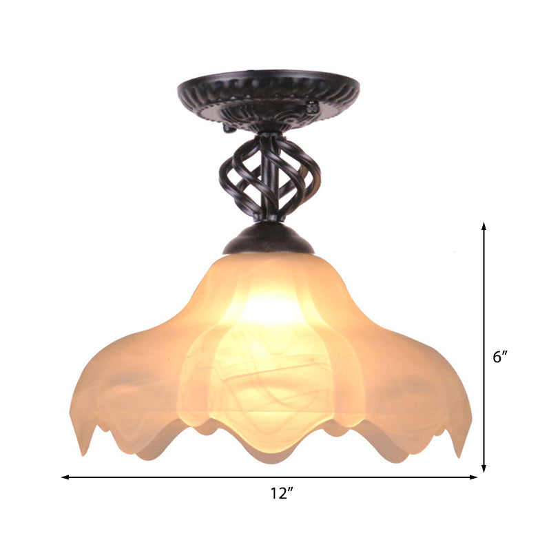 1 Light Semi Flush Mount Traditional Scalloped Frosted Glass Ceiling Light in Black/White for Bedroom Clearhalo 'Ceiling Lights' 'Close To Ceiling Lights' 'Close to ceiling' 'Glass shade' 'Glass' 'Semi-flushmount' Lighting' 226497