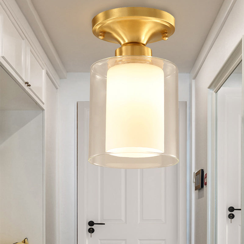 Gold Cylinder Flush Mount Lamp Classic Clear Glass 1 Light Living Room Ceiling Light Fixture Gold Clearhalo 'Ceiling Lights' 'Close To Ceiling Lights' 'Close to ceiling' 'Flush mount' Lighting' 226500