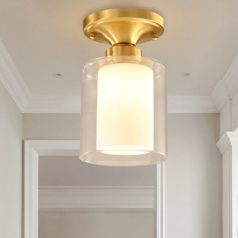 Gold Cylinder Flush Mount Lamp Classic Clear Glass 1 Light Living Room Ceiling Light Fixture Clearhalo 'Ceiling Lights' 'Close To Ceiling Lights' 'Close to ceiling' 'Flush mount' Lighting' 226501