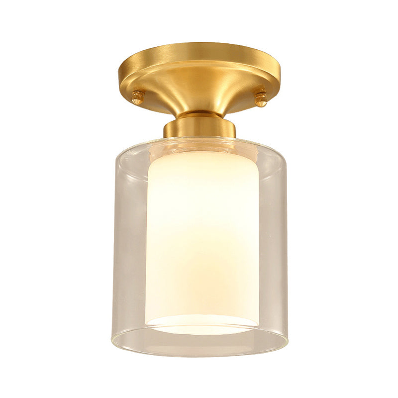 Gold Cylinder Flush Mount Lamp Classic Clear Glass 1 Light Living Room Ceiling Light Fixture Clearhalo 'Ceiling Lights' 'Close To Ceiling Lights' 'Close to ceiling' 'Flush mount' Lighting' 226502
