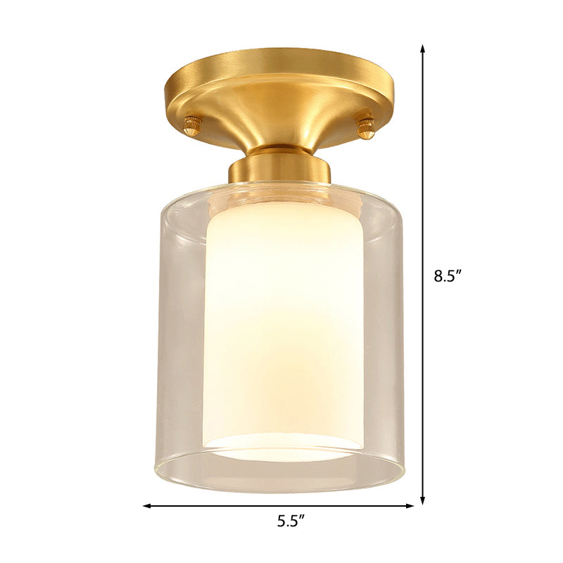 Gold Cylinder Flush Mount Lamp Classic Clear Glass 1 Light Living Room Ceiling Light Fixture Clearhalo 'Ceiling Lights' 'Close To Ceiling Lights' 'Close to ceiling' 'Flush mount' Lighting' 226503