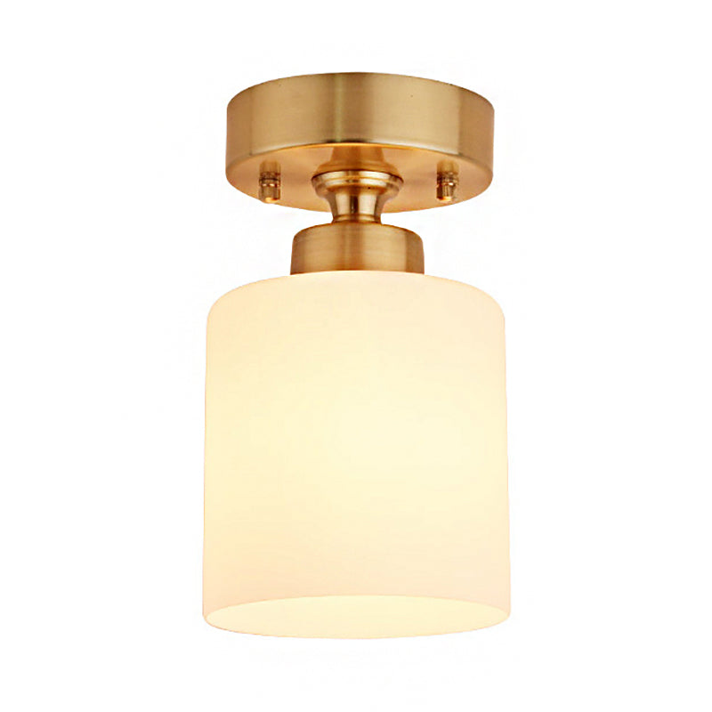 Cylinder White Glass Flush Fixture Traditional 1 Light Living Room Ceiling Light in Gold Clearhalo 'Ceiling Lights' 'Close To Ceiling Lights' 'Close to ceiling' 'Flush mount' Lighting' 226507