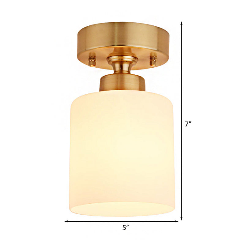 Cylinder White Glass Flush Fixture Traditional 1 Light Living Room Ceiling Light in Gold Clearhalo 'Ceiling Lights' 'Close To Ceiling Lights' 'Close to ceiling' 'Flush mount' Lighting' 226508