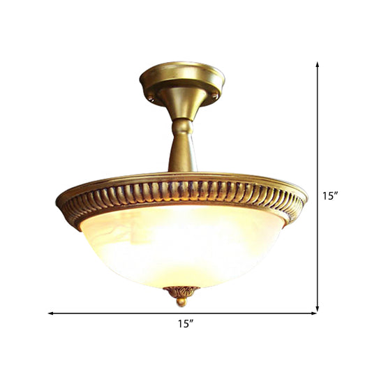 Brass LED Ceiling Lighting Classic Frosted Glass Domed Shaped Semi Flush Light for Corridor, Warm/White Light Clearhalo 'Ceiling Lights' 'Close To Ceiling Lights' 'Close to ceiling' 'Glass shade' 'Glass' 'Semi-flushmount' Lighting' 226527