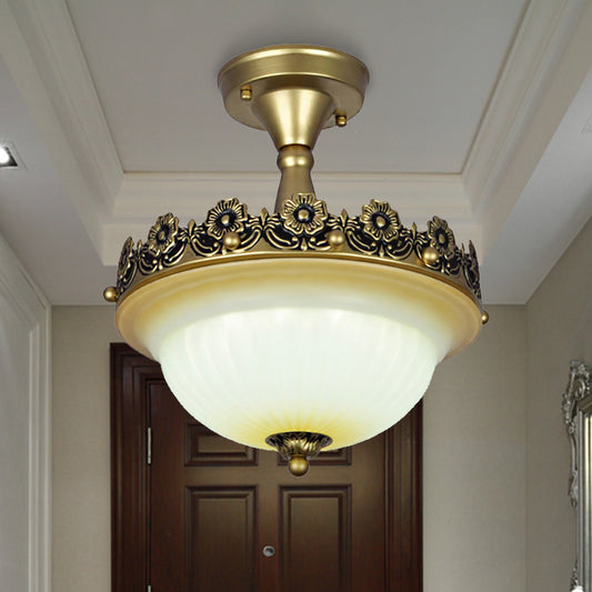 3 Lights Corridor Ceiling Light Fixture Traditional Bronze Semi Flush with Bowl Frosted Glass Shade Bronze Clearhalo 'Ceiling Lights' 'Close To Ceiling Lights' 'Close to ceiling' 'Glass shade' 'Glass' 'Semi-flushmount' Lighting' 226528