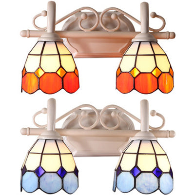 Scalloped Wall Lighting Tiffany Style Stained Glass 2 Lights Vanity Light in Orange/Blue for Bathroom Clearhalo 'Industrial' 'Middle century wall lights' 'Tiffany wall lights' 'Tiffany' 'Wall Lamps & Sconces' 'Wall Lights' Lighting' 22653