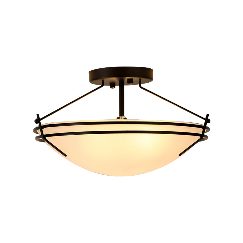 Bowl Frosted Glass Semi Flush Traditional 3 Lights Corridor Ceiling Light Fixture in Black Clearhalo 'Ceiling Lights' 'Close To Ceiling Lights' 'Close to ceiling' 'Glass shade' 'Glass' 'Semi-flushmount' Lighting' 226554