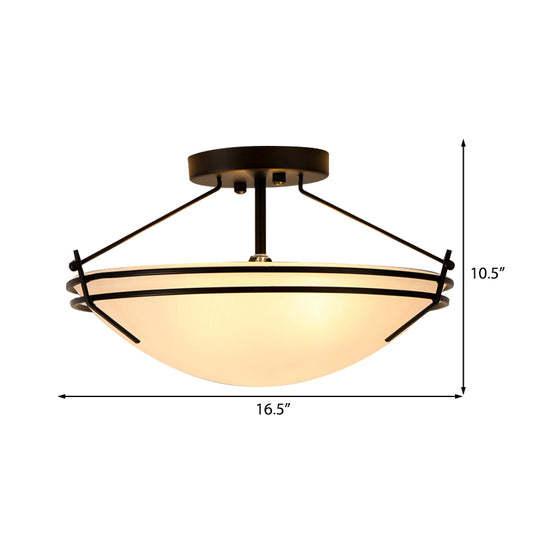 Bowl Frosted Glass Semi Flush Traditional 3 Lights Corridor Ceiling Light Fixture in Black Clearhalo 'Ceiling Lights' 'Close To Ceiling Lights' 'Close to ceiling' 'Glass shade' 'Glass' 'Semi-flushmount' Lighting' 226555
