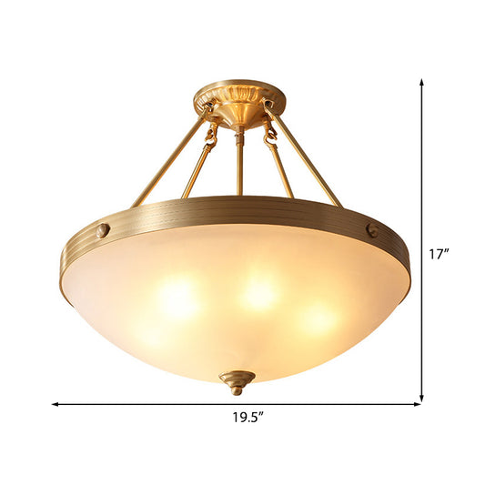 Gold 3 Lights Ceiling Mount Traditional Frosted Glass Bowl Shaped Semi Flush Light for Dining Room, 12"/16"/19.5" Wide Clearhalo 'Ceiling Lights' 'Close To Ceiling Lights' 'Close to ceiling' 'Glass shade' 'Glass' 'Semi-flushmount' Lighting' 226564