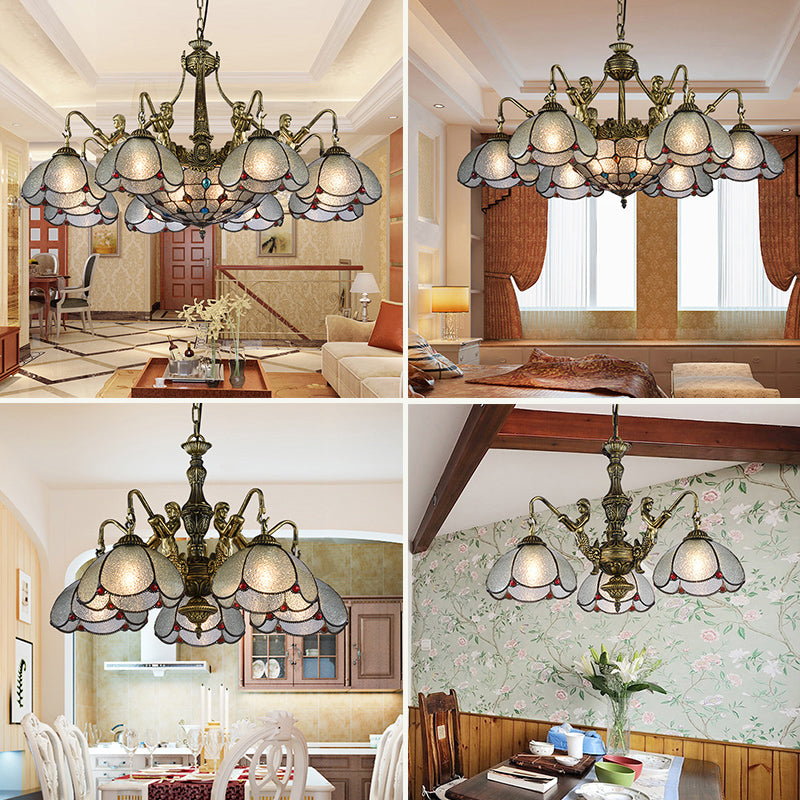 Bronze Scalloped Flower Chandelier Light Tiffany Style Ripple Glass Pendant Light Fixture Clearhalo 'Ceiling Lights' 'Chandeliers' 'Industrial' 'Middle Century Chandeliers' 'Pendant Lights' 'Tiffany Chandeliers' 'Tiffany close to ceiling' 'Tiffany' Lighting' 2265767