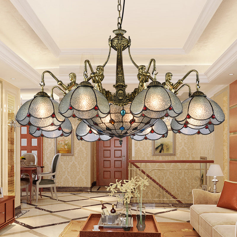 Bronze Scalloped Flower Chandelier Light Tiffany Style Ripple Glass Pendant Light Fixture Clearhalo 'Ceiling Lights' 'Chandeliers' 'Industrial' 'Middle Century Chandeliers' 'Pendant Lights' 'Tiffany Chandeliers' 'Tiffany close to ceiling' 'Tiffany' Lighting' 2265770