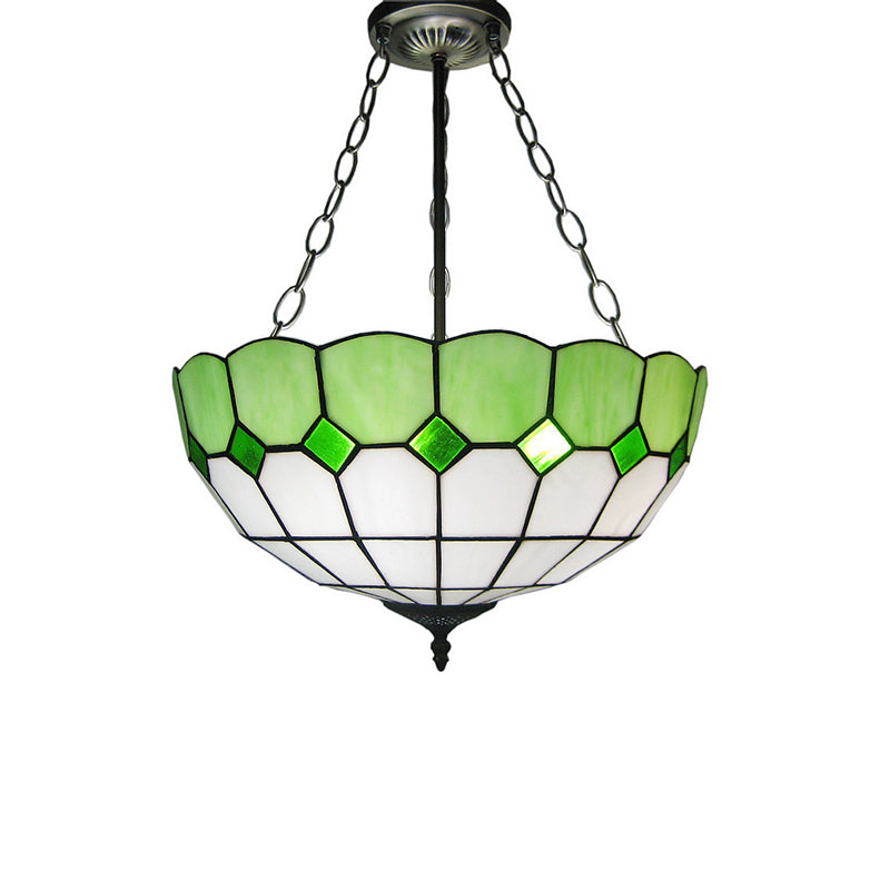Inverted Dome Ceiling Lighting 3 Heads Stained Art Glass Tiffany Chandelier Light Fixture Green Clearhalo 'Ceiling Lights' 'Chandeliers' 'Industrial' 'Middle Century Chandeliers' 'Tiffany Chandeliers' 'Tiffany close to ceiling' 'Tiffany' Lighting' 2265780