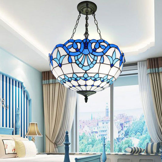 Inverted Dome Ceiling Lighting 3 Heads Stained Art Glass Tiffany Chandelier Light Fixture Clearhalo 'Ceiling Lights' 'Chandeliers' 'Industrial' 'Middle Century Chandeliers' 'Tiffany Chandeliers' 'Tiffany close to ceiling' 'Tiffany' Lighting' 2265781