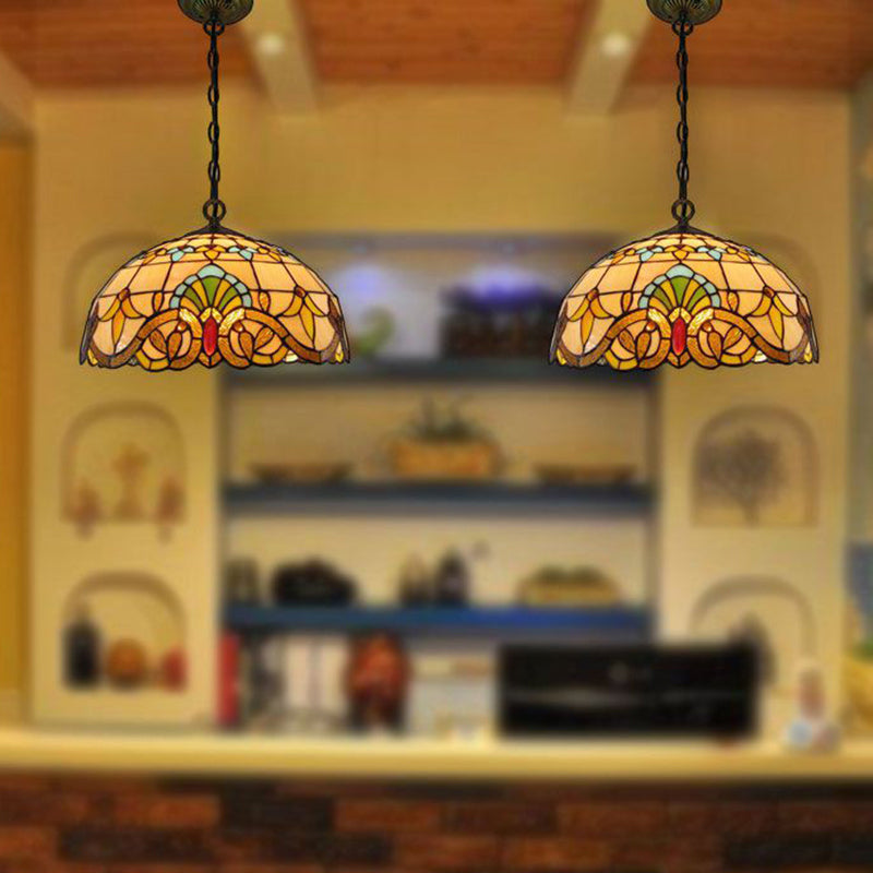 2 Heads Chandelier Pendant Light Retro Style Bowl Stained Glass Hanging Light in Beige Beige Clearhalo 'Ceiling Lights' 'Chandeliers' 'Industrial' 'Middle Century Chandeliers' 'Tiffany Chandeliers' 'Tiffany close to ceiling' 'Tiffany' Lighting' 2265785