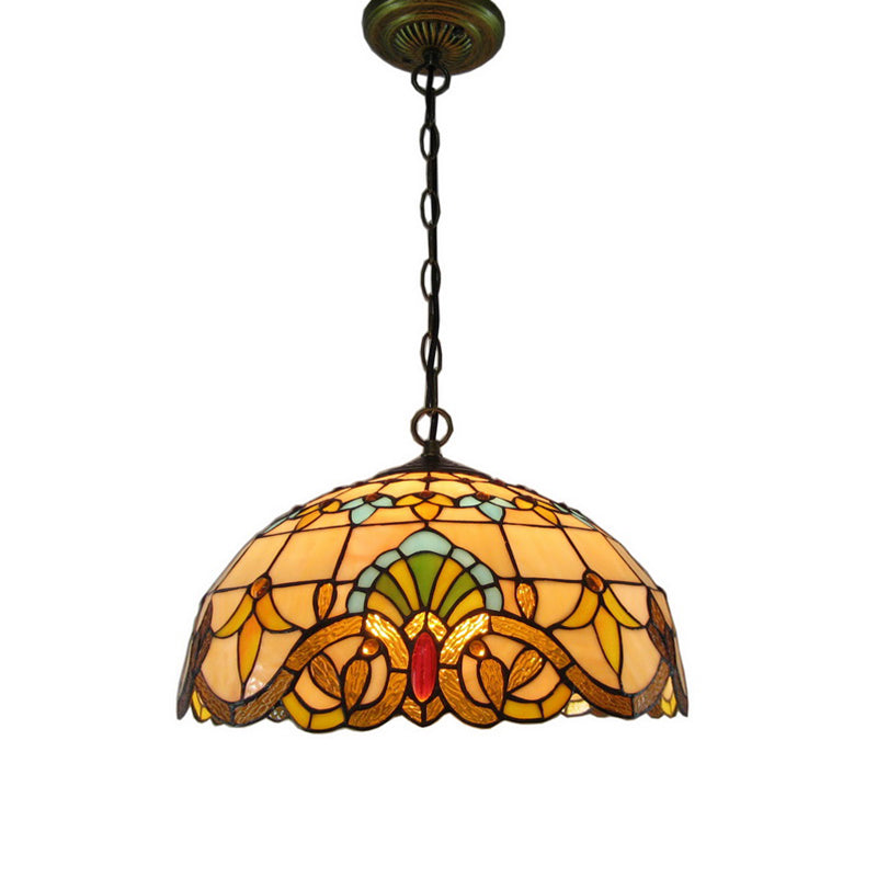 2 Heads Chandelier Pendant Light Retro Style Bowl Stained Glass Hanging Light in Beige Clearhalo 'Ceiling Lights' 'Chandeliers' 'Industrial' 'Middle Century Chandeliers' 'Tiffany Chandeliers' 'Tiffany close to ceiling' 'Tiffany' Lighting' 2265787