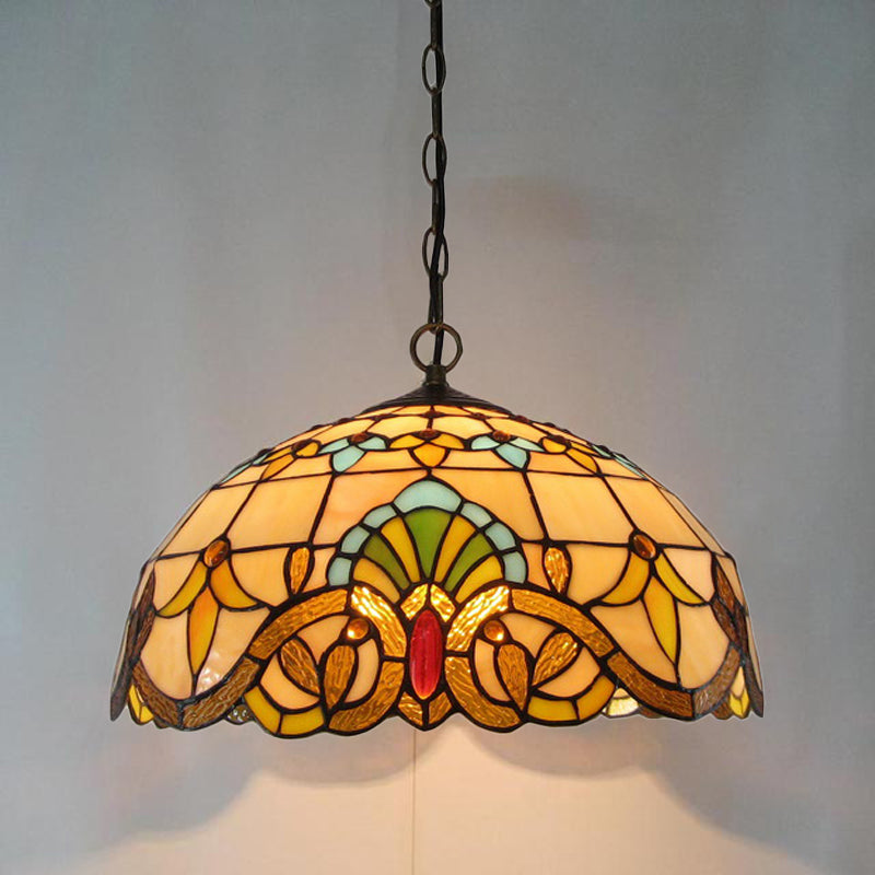 2 Heads Chandelier Pendant Light Retro Style Bowl Stained Glass Hanging Light in Beige Clearhalo 'Ceiling Lights' 'Chandeliers' 'Industrial' 'Middle Century Chandeliers' 'Tiffany Chandeliers' 'Tiffany close to ceiling' 'Tiffany' Lighting' 2265788