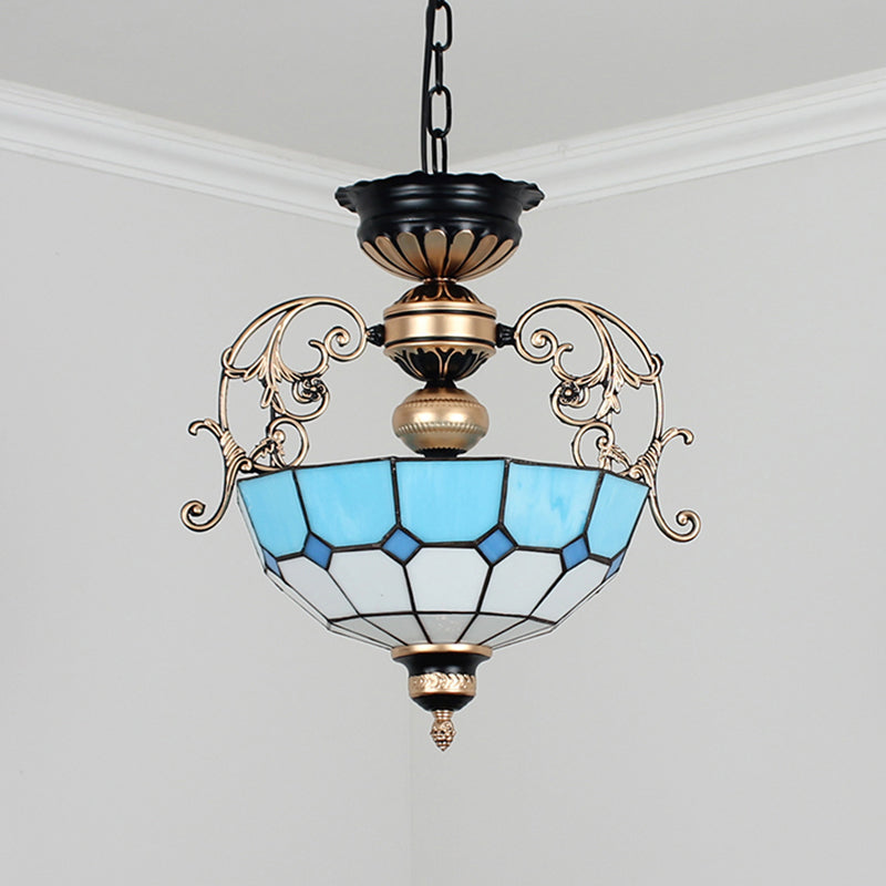 Inverted Dome Chandelier Light 3 Bulbs Gridded Glass Pendant Light Fixture for Entryway Clearhalo 'Ceiling Lights' 'Chandeliers' 'Industrial' 'Middle Century Chandeliers' 'Pendant Lights' 'Tiffany Chandeliers' 'Tiffany close to ceiling' 'Tiffany' Lighting' 2265790