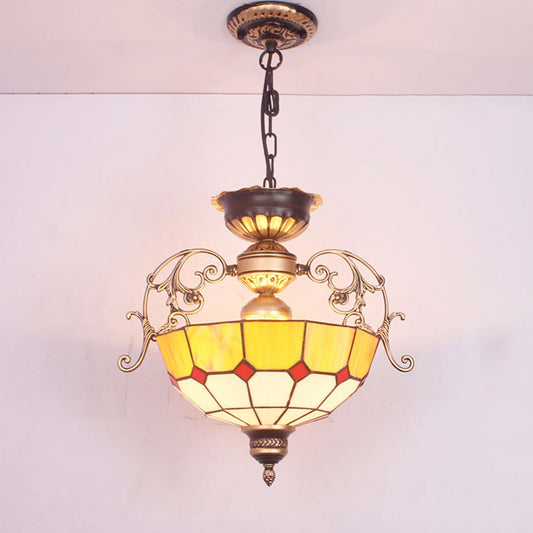 Inverted Dome Chandelier Light 3 Bulbs Gridded Glass Pendant Light Fixture for Entryway Yellow Clearhalo 'Ceiling Lights' 'Chandeliers' 'Industrial' 'Middle Century Chandeliers' 'Pendant Lights' 'Tiffany Chandeliers' 'Tiffany close to ceiling' 'Tiffany' Lighting' 2265791