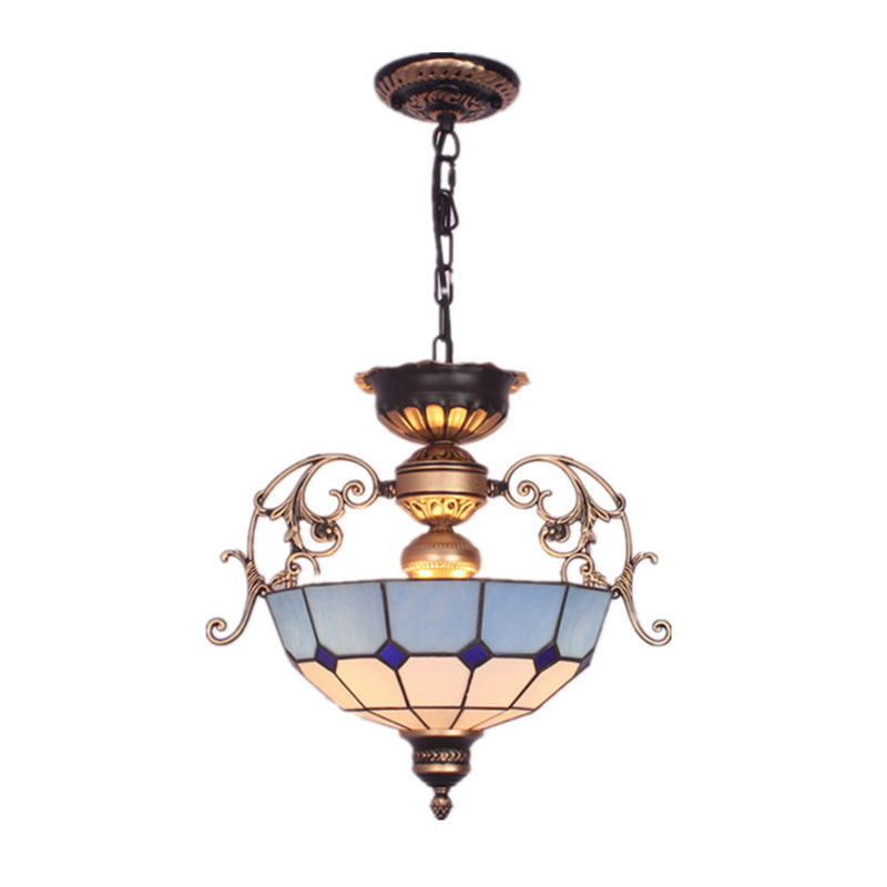 Inverted Dome Chandelier Light 3 Bulbs Gridded Glass Pendant Light Fixture for Entryway Clearhalo 'Ceiling Lights' 'Chandeliers' 'Industrial' 'Middle Century Chandeliers' 'Pendant Lights' 'Tiffany Chandeliers' 'Tiffany close to ceiling' 'Tiffany' Lighting' 2265793