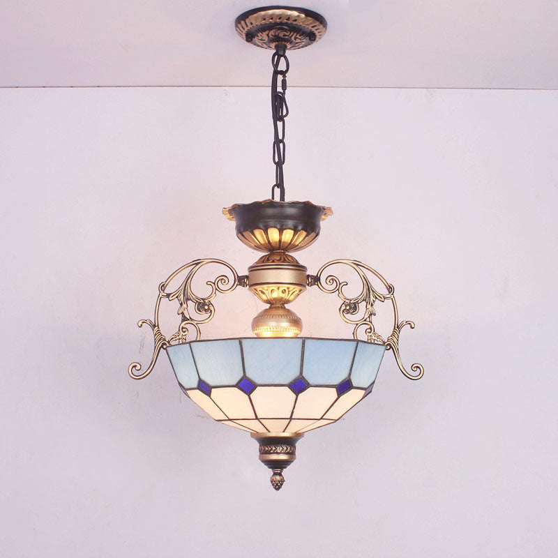 Inverted Dome Chandelier Light 3 Bulbs Gridded Glass Pendant Light Fixture for Entryway Blue Clearhalo 'Ceiling Lights' 'Chandeliers' 'Industrial' 'Middle Century Chandeliers' 'Pendant Lights' 'Tiffany Chandeliers' 'Tiffany close to ceiling' 'Tiffany' Lighting' 2265794