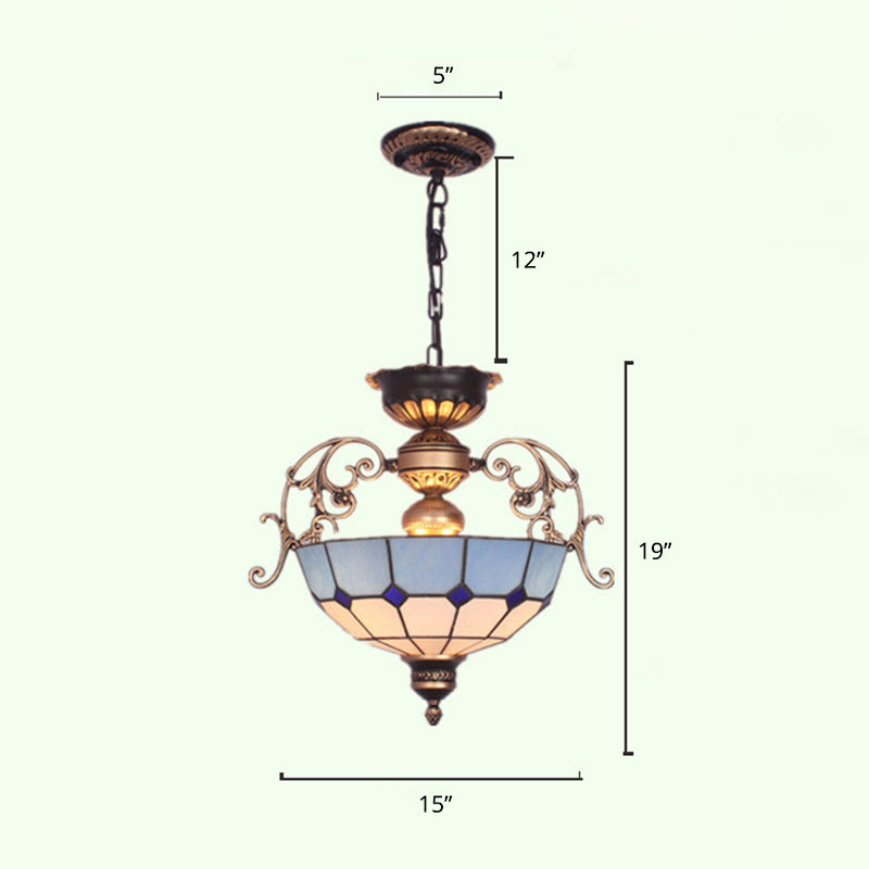 Inverted Dome Chandelier Light 3 Bulbs Gridded Glass Pendant Light Fixture for Entryway Clearhalo 'Ceiling Lights' 'Chandeliers' 'Industrial' 'Middle Century Chandeliers' 'Pendant Lights' 'Tiffany Chandeliers' 'Tiffany close to ceiling' 'Tiffany' Lighting' 2265795