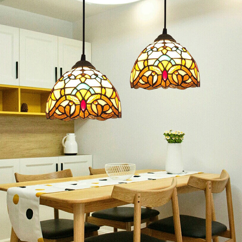 Beige 1��Head Suspension Light Antique Stained Glass Flower Shade Pendant Lighting Fixture Clearhalo 'Ceiling Lights' 'Chandeliers' 'Industrial' 'Middle Century Pendants' 'Pendant Lights' 'Pendants' 'Tiffany close to ceiling' 'Tiffany' Lighting' 2265798
