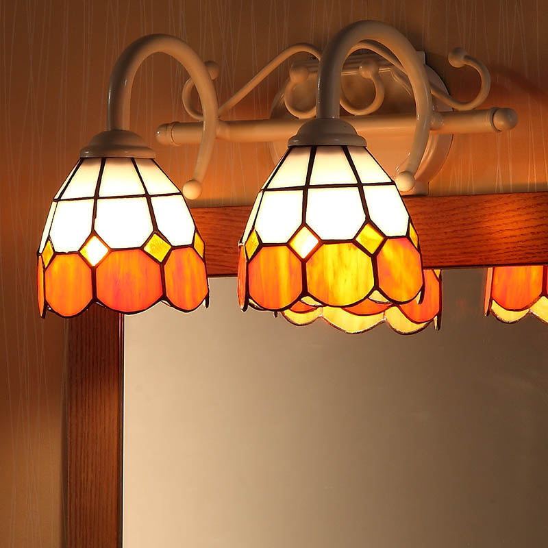 Scalloped Wall Lighting Tiffany Style Stained Glass 2 Lights Vanity Light in Orange/Blue for Bathroom Orange Clearhalo 'Industrial' 'Middle century wall lights' 'Tiffany wall lights' 'Tiffany' 'Wall Lamps & Sconces' 'Wall Lights' Lighting' 22658