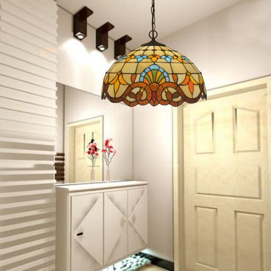 Beige 1 Head Suspension Light Antique Stained Glass Flower Shade Pendant Lighting Fixture Beige 16" Clearhalo 'Art Deco Pendants' 'Cast Iron' 'Ceiling Lights' 'Ceramic' 'Crystal' 'Industrial' 'Metal' 'Pendant Lights' 'Tiffany Pendants' 'Tiffany' Lighting' 2265800