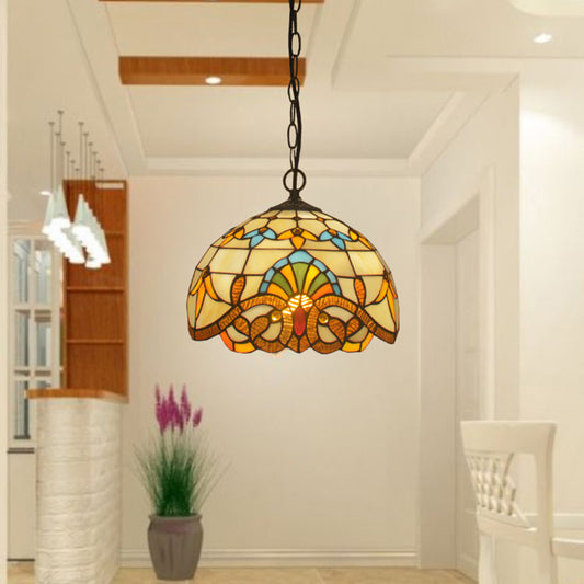 Beige 1 Head Suspension Light Antique Stained Glass Flower Shade Pendant Lighting Fixture Beige 12" Clearhalo 'Art Deco Pendants' 'Cast Iron' 'Ceiling Lights' 'Ceramic' 'Crystal' 'Industrial' 'Metal' 'Pendant Lights' 'Tiffany Pendants' 'Tiffany' Lighting' 2265801