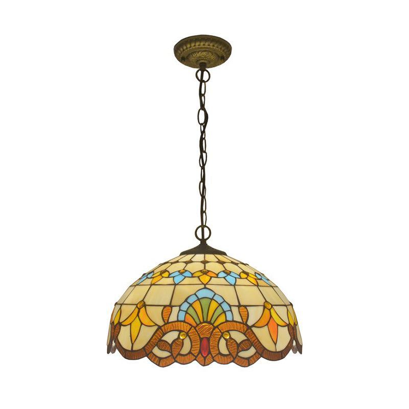 Beige 1��Head Suspension Light Antique Stained Glass Flower Shade Pendant Lighting Fixture Clearhalo 'Ceiling Lights' 'Chandeliers' 'Industrial' 'Middle Century Pendants' 'Pendant Lights' 'Pendants' 'Tiffany close to ceiling' 'Tiffany' Lighting' 2265802