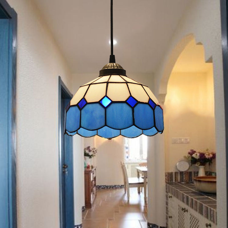 Blue Scalloped Suspension Light Tiffany Style Single-Bulb Gridded Glass Hanging Pendant Light Blue Clearhalo 'Ceiling Lights' 'Chandeliers' 'Industrial' 'Middle Century Pendants' 'Pendant Lights' 'Pendants' 'Tiffany close to ceiling' 'Tiffany Pendants' 'Tiffany' Lighting' 2265803