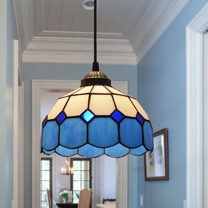 Blue Scalloped Suspension Light Tiffany Style Single-Bulb Gridded Glass Hanging Pendant Light Clearhalo 'Ceiling Lights' 'Chandeliers' 'Industrial' 'Middle Century Pendants' 'Pendant Lights' 'Pendants' 'Tiffany close to ceiling' 'Tiffany Pendants' 'Tiffany' Lighting' 2265804