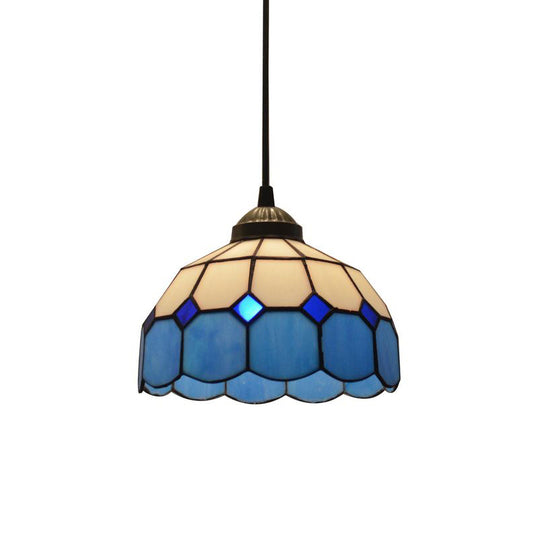Blue Scalloped Suspension Light Tiffany Style Single-Bulb Gridded Glass Hanging Pendant Light Clearhalo 'Ceiling Lights' 'Chandeliers' 'Industrial' 'Middle Century Pendants' 'Pendant Lights' 'Pendants' 'Tiffany close to ceiling' 'Tiffany Pendants' 'Tiffany' Lighting' 2265805