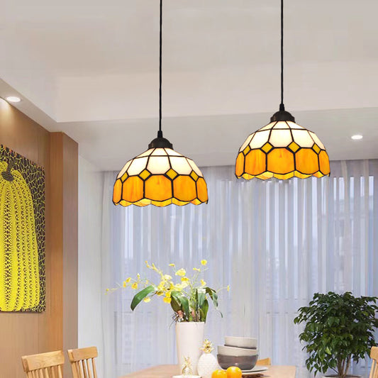 Blue Scalloped Suspension Light Tiffany Style Single-Bulb Gridded Glass Hanging Pendant Light Clearhalo 'Ceiling Lights' 'Chandeliers' 'Industrial' 'Middle Century Pendants' 'Pendant Lights' 'Pendants' 'Tiffany close to ceiling' 'Tiffany Pendants' 'Tiffany' Lighting' 2265807