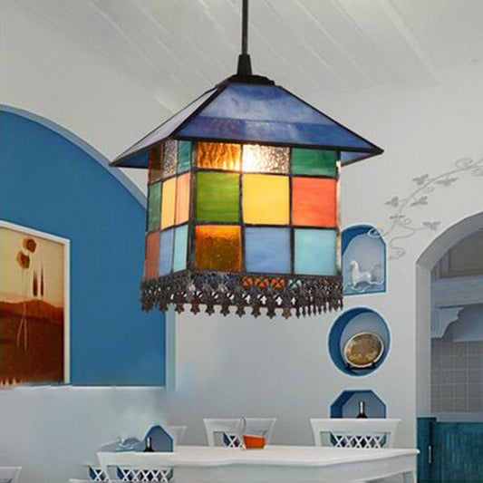 1-Light Suspension Lighting Vintage Stained Glass House Shade Pendant Ceiling Light Blue Clearhalo 'Ceiling Lights' 'Industrial' 'Middle Century Pendants' 'Pendant Lights' 'Pendants' 'Tiffany close to ceiling' 'Tiffany Pendants' 'Tiffany' Lighting' 2265808