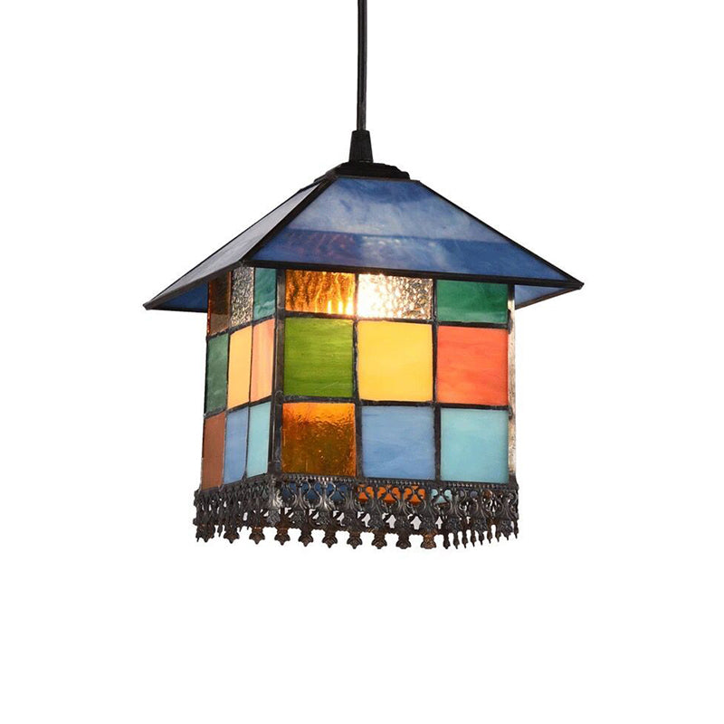 1-Light Suspension Lighting Vintage Stained Glass House Shade Pendant Ceiling Light Clearhalo 'Ceiling Lights' 'Industrial' 'Middle Century Pendants' 'Pendant Lights' 'Pendants' 'Tiffany close to ceiling' 'Tiffany Pendants' 'Tiffany' Lighting' 2265810