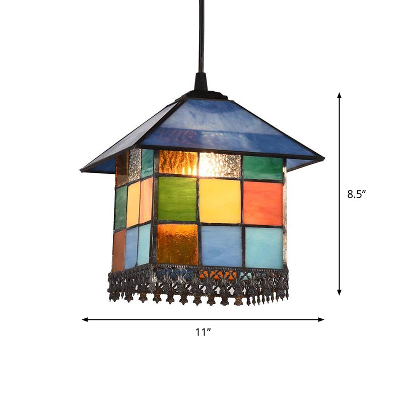 1-Light Suspension Lighting Vintage Stained Glass House Shade Pendant Ceiling Light Clearhalo 'Ceiling Lights' 'Industrial' 'Middle Century Pendants' 'Pendant Lights' 'Pendants' 'Tiffany close to ceiling' 'Tiffany Pendants' 'Tiffany' Lighting' 2265812