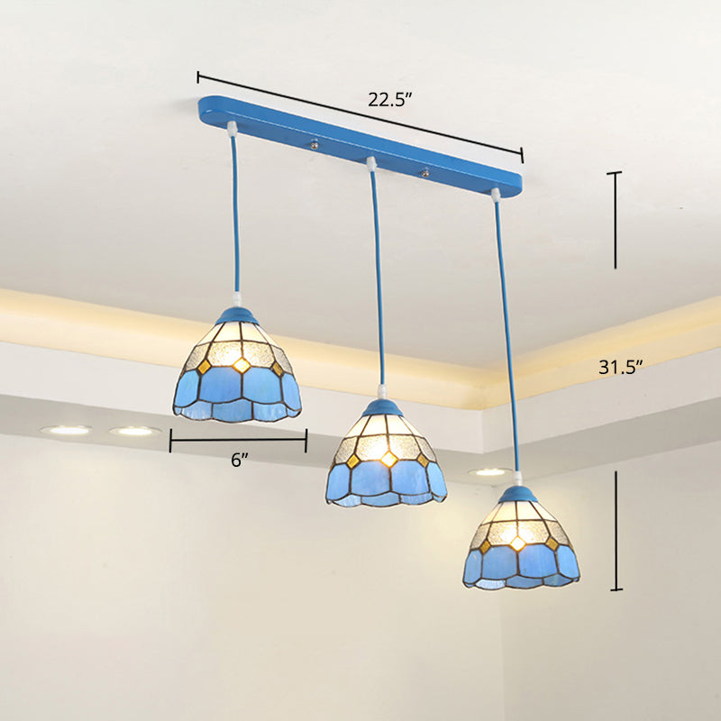 Tiffany Conical Hanging Light 3 Heads Stained Glass Multi Light Pendant for Restaurant Blue Clearhalo 'Ceiling Lights' 'Industrial' 'Middle Century Pendants' 'Pendant Lights' 'Pendants' 'Tiffany close to ceiling' 'Tiffany Pendants' 'Tiffany' Lighting' 2265815