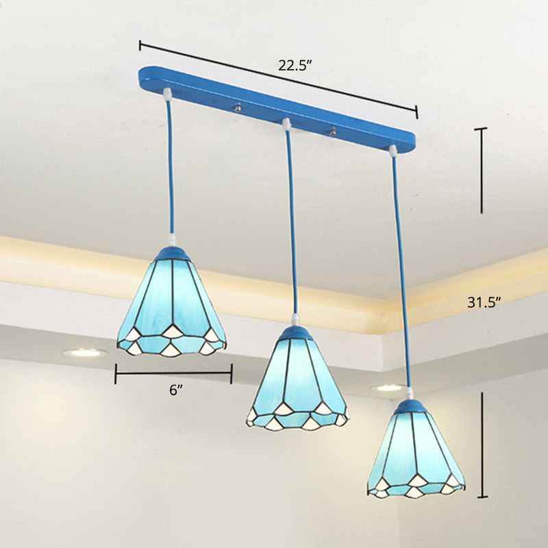 Tiffany Conical Hanging Light 3 Heads Stained Glass Multi Light Pendant for Restaurant Light Blue Clearhalo 'Ceiling Lights' 'Industrial' 'Middle Century Pendants' 'Pendant Lights' 'Pendants' 'Tiffany close to ceiling' 'Tiffany Pendants' 'Tiffany' Lighting' 2265819