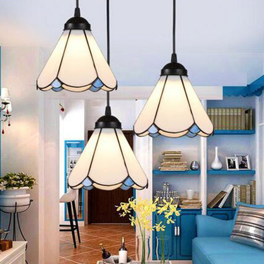 Cone Multi Ceiling Light 3 Bulbs White Glass Tiffany Style Suspension Lighting with Scalloped Edge White Clearhalo 'Ceiling Lights' 'Industrial' 'Middle Century Pendants' 'Pendant Lights' 'Pendants' 'Tiffany close to ceiling' 'Tiffany Pendants' 'Tiffany' Lighting' 2265821