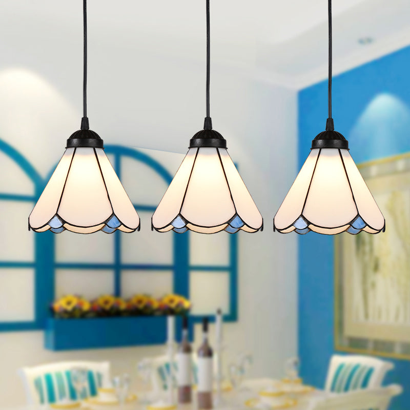 Cone Multi Ceiling Light 3 Bulbs White Glass Tiffany Style Suspension Lighting with Scalloped Edge Clearhalo 'Ceiling Lights' 'Industrial' 'Middle Century Pendants' 'Pendant Lights' 'Pendants' 'Tiffany close to ceiling' 'Tiffany Pendants' 'Tiffany' Lighting' 2265822